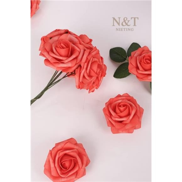 Artificial Fall Wedding Flowers 25pcs Coral Mother's Day Fake Roses w/Stem DIY - Picture 3 of 7